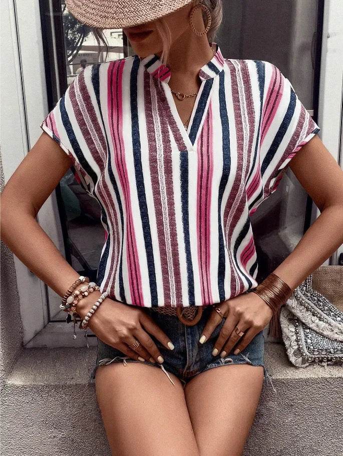 Women's Tops Blouses New 2025 Summer Casual Fashion Striped Print V-neck Short Sleeve Shirt Elegant Women Shirts Tops Streetwear - AIAZ