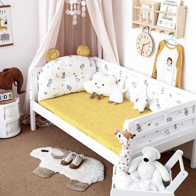 4Pcs Baby Bedding Set Cotton Cartoon Bear Head Crib Bed Protector Bumper Newborns Sheet Child Bed Baby Washable Cot Bedding Set