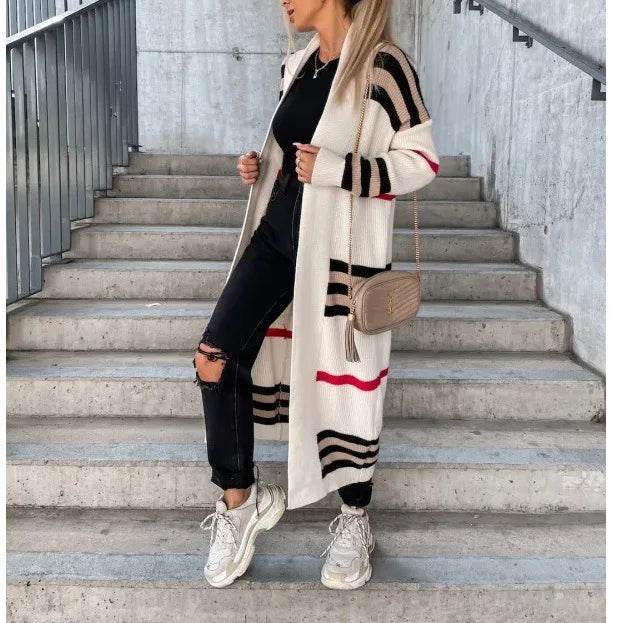 Women Sweater Spring Autumn Cardigan Coats Casual Stripes Knitted Cardigan Clothes Women Oversized Cardigan Long Sweater Coat - AIAZ