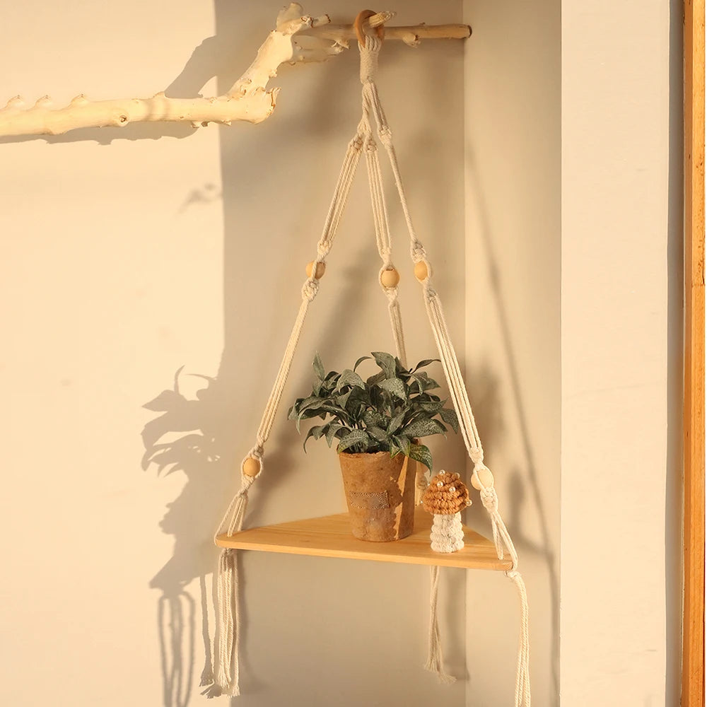 Corner Shelf Macrame Wall Hanging Wood Floating Shelves Rustic Boho Wall Shelf Decor Storage Rack for Plants Pots Photo Frames