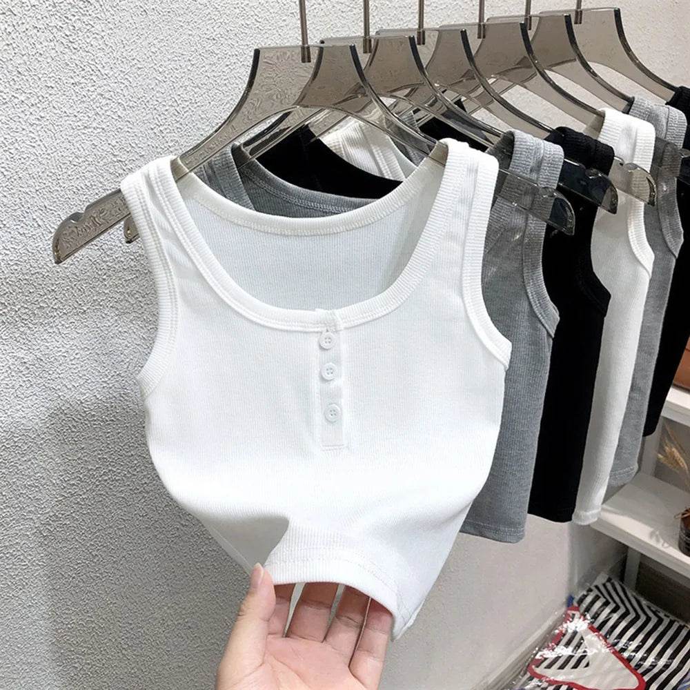 Tank Top for Women Ribbed Button Down Sleeveless Blouse Solid Color Casual Women's Teens Trendy Basic Summer Dresses - AIAZ