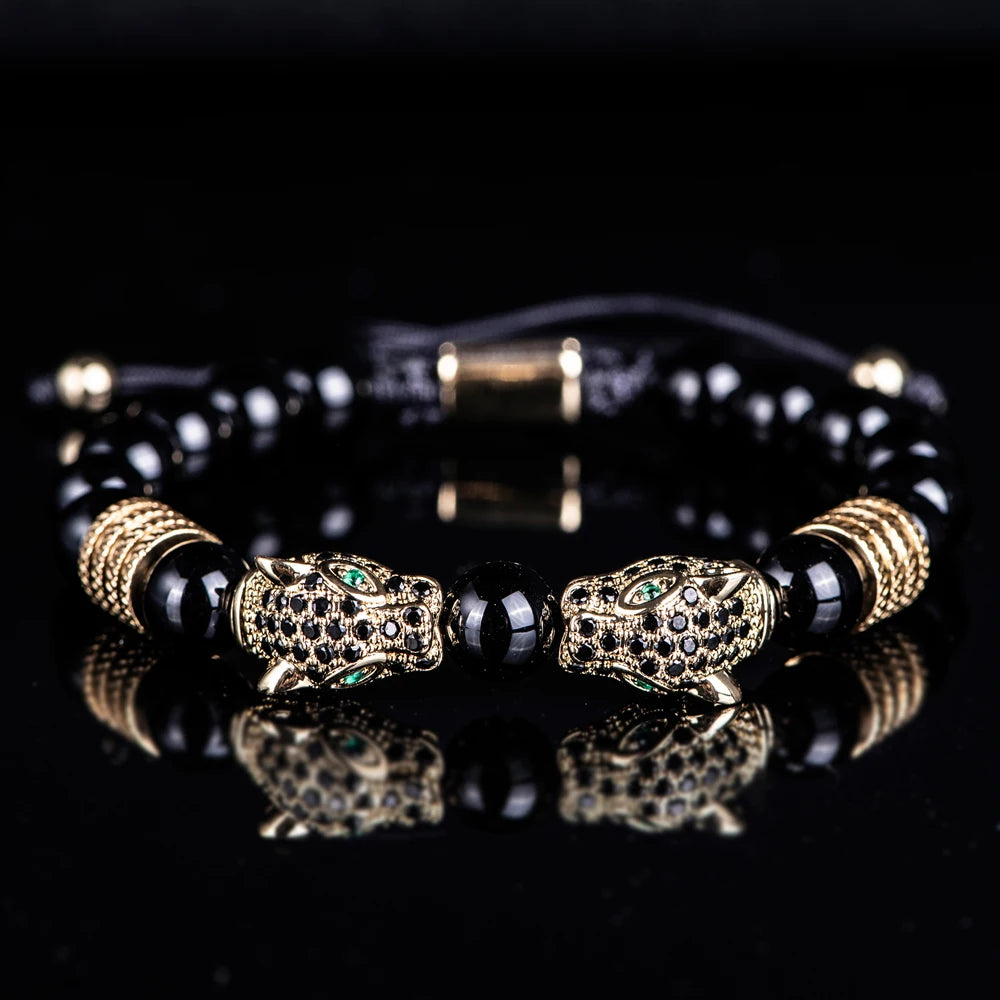 New Trend Double Leopard head Handmade tiger's-eye Bracelets  Accessories Handmade Men's Jewelry Pulseras homme