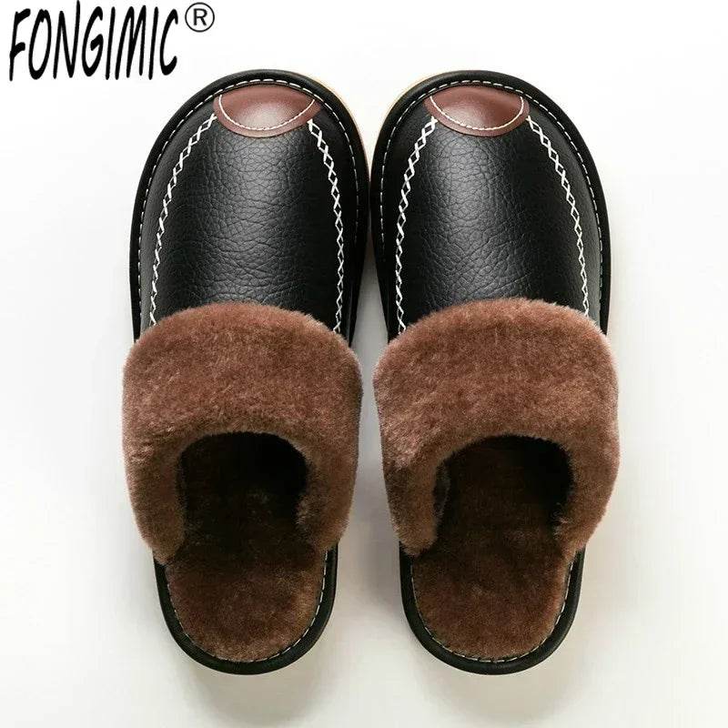 Men Winter Leather Slippers Bedroom Cotton Slippers Male Waterproof Thick Plus Velvet Indoor Warm House Home Slippers Shoes - AIAZ