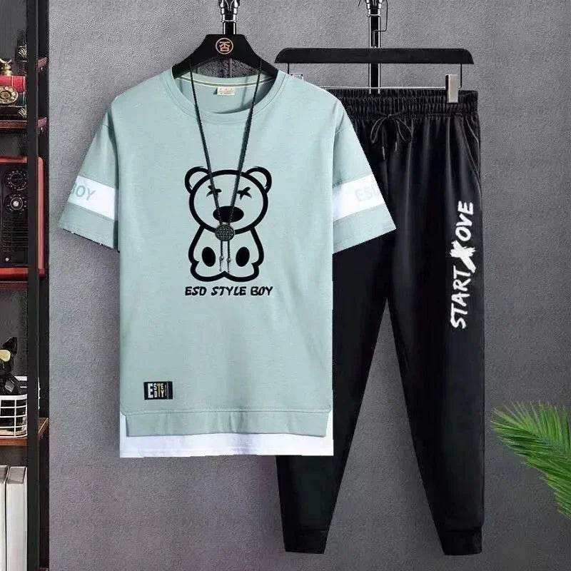 T Shirt for men Casual Set Suit T-shirt Slim Fit Short Sleeved Fashion chothes and Trendy Versatile T-shirt and Sports Pants - AIAZ