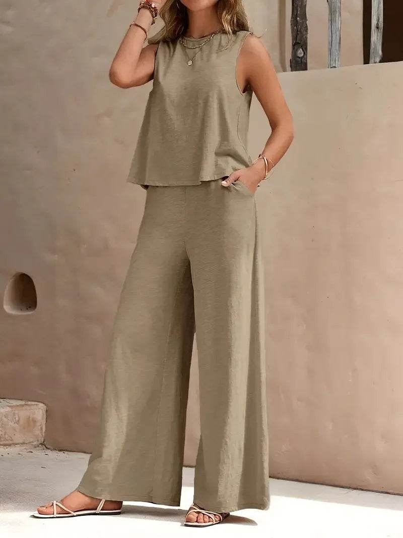 Women's Casual Set Solid Color Elegant Comfortable Round Neck Vest and Wide Leg Pants Two Piece Versatile Comfortable - AIAZ