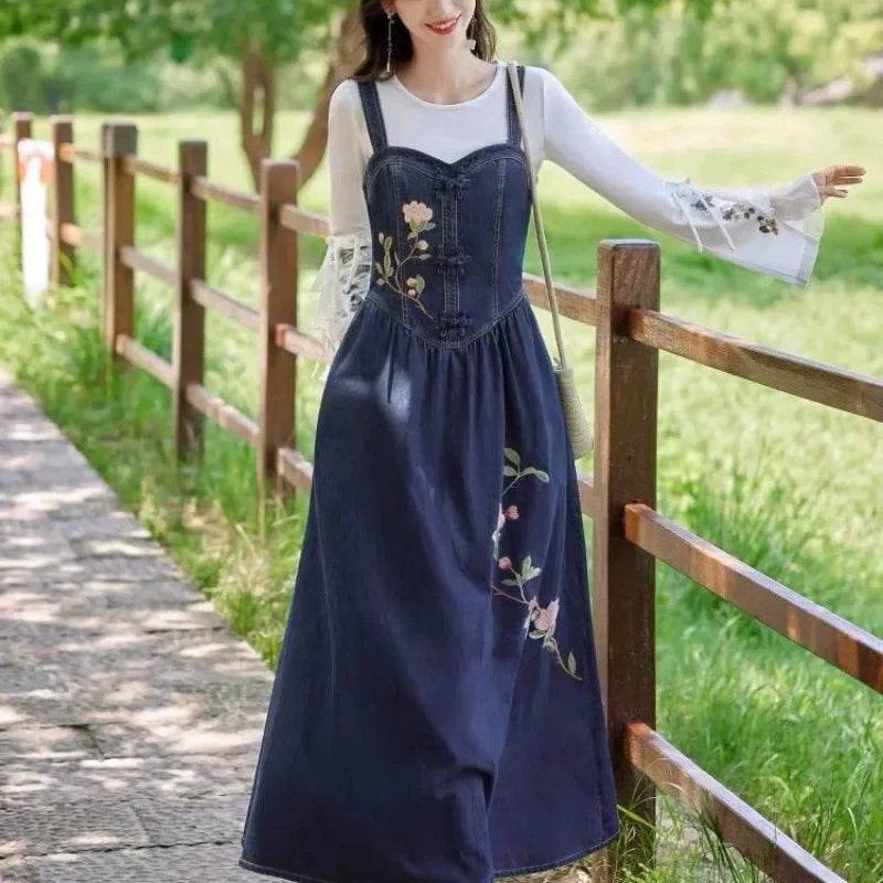 Embroidered Denim Dress For Women Spring Summer 2025 New Retro Versatile Waist Closure Long Denim Strap Dress Mujer Vestidos - AIAZ