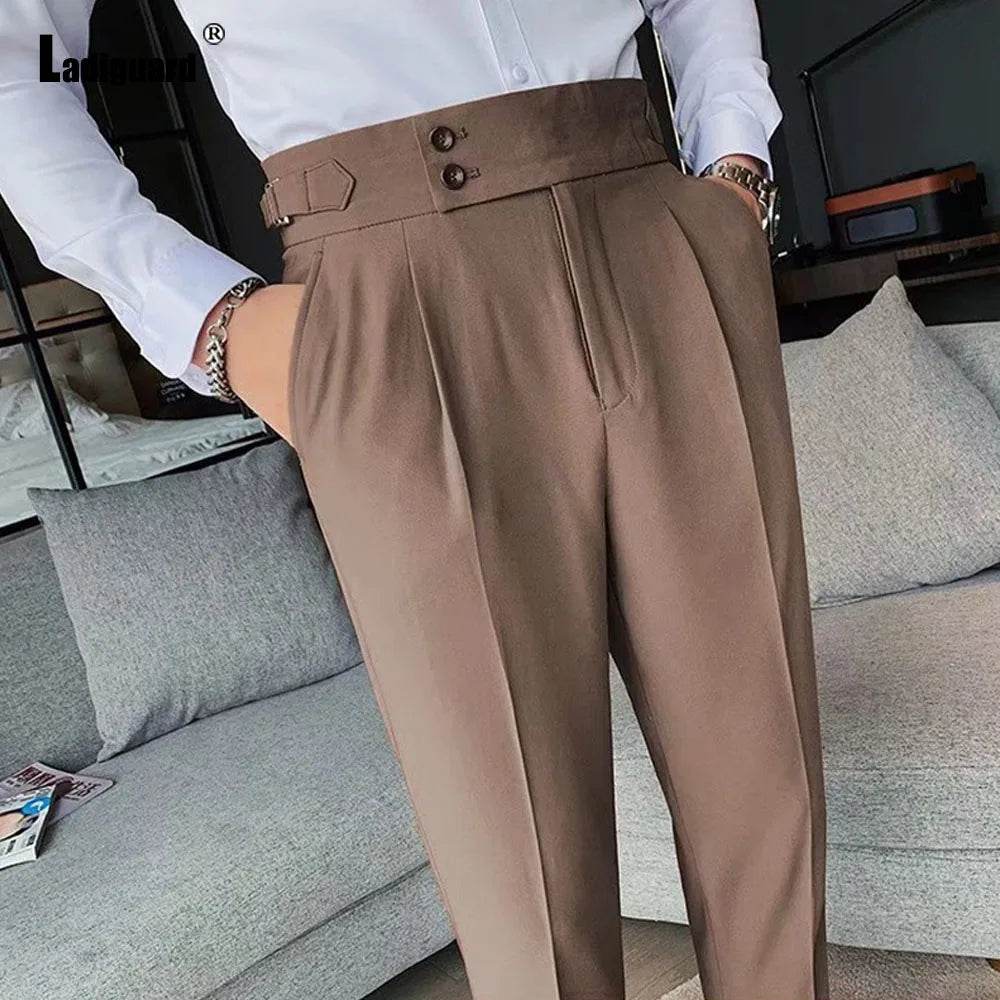 Men Elegant Formal Suit Pants for Party Wedding Solid Khaki Stand Pocket Trousers Italian Naples Fashion Buttons Up Suits Pants - AIAZ