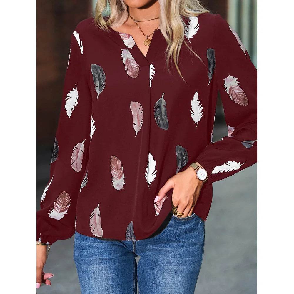 Fashion Woman Blouse Shirts For Women Stylish Top long Sleeve Feather Pattern Female Tops Elegant Chiffon Mujer Woman Clothes - AIAZ