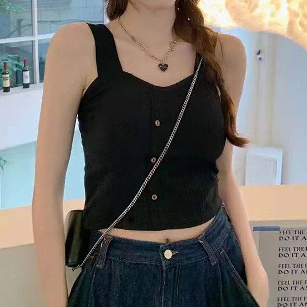 Women's Ribbed Tank Tops Y2K Cropped Tops with Bra Pads Knitted Button Down Suspenders Vest Sexy Camisole Female Short Tops - AIAZ