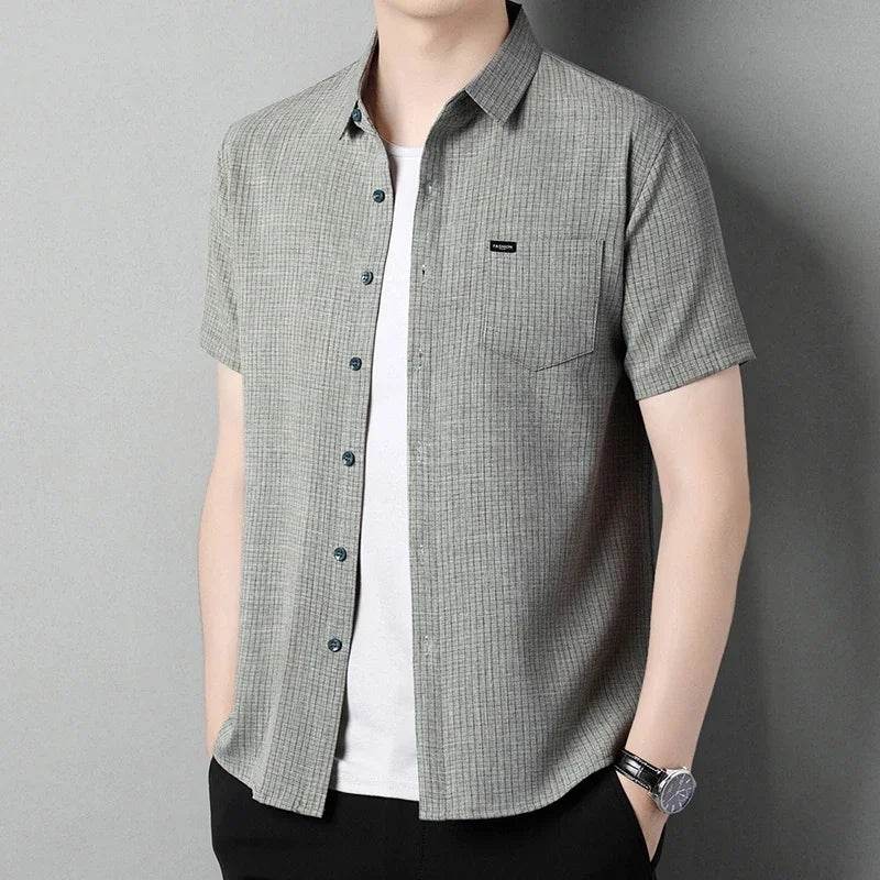 2025 Men's Business Casual Plaid Linen Short Sleeved Shirt Comfortable Top - AIAZ