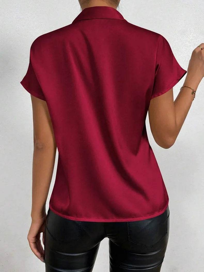 Women Shirt Fashion Bow Satin T-shirt Female Short Sleeve Solid Color All-match Pullover Tee Women's Temperament Summer Tops - AIAZ