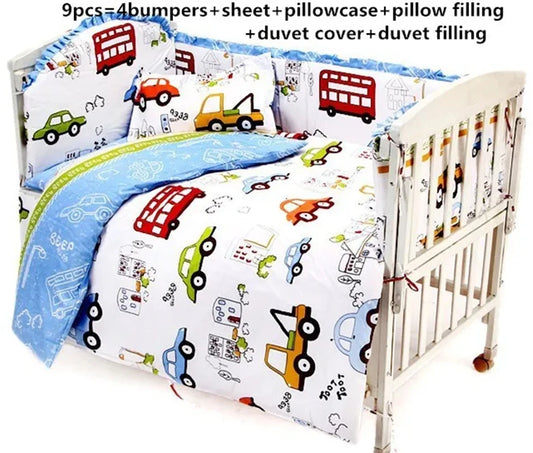 6/9Pcs Cartoon Car 100% Cotton Baby Cot Crib Bedding set for girl Comforter kit de berço