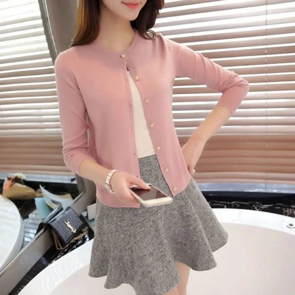 Cardigan Women's Thin Spring Autumn with Neck Slim-fit Shirt Short Top Solid Color Sweater Small Coat Cardigan White Cardigan - AIAZ