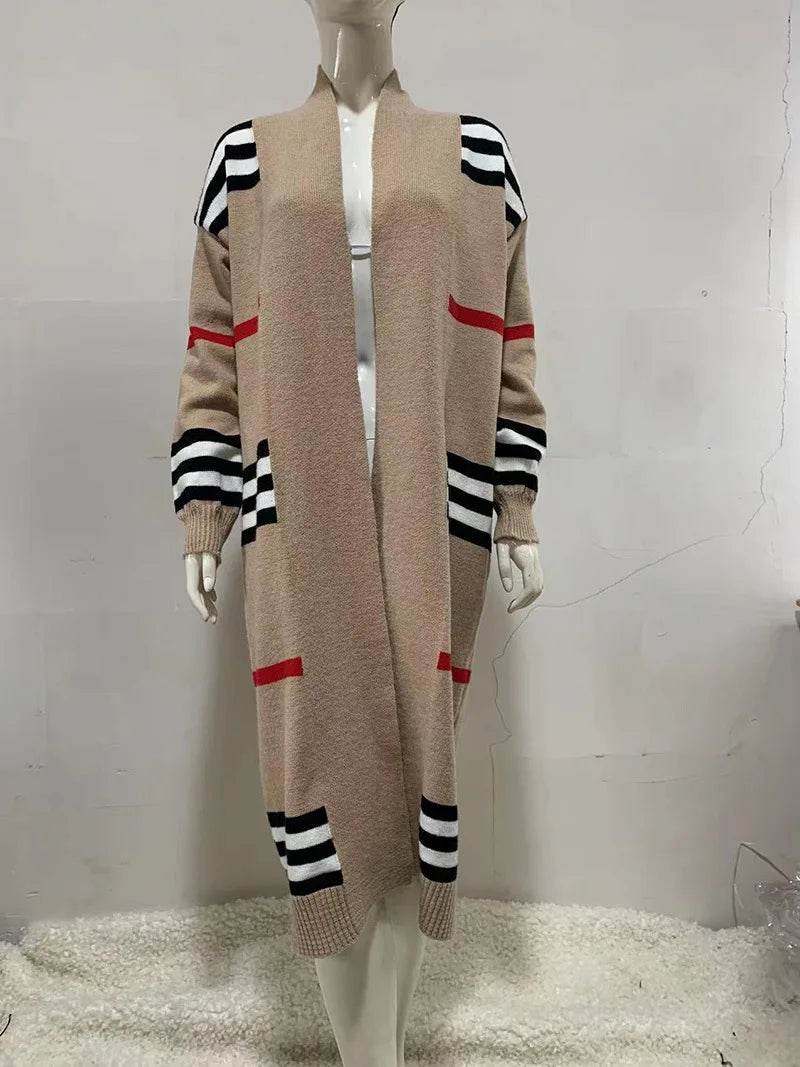 Women Sweater Spring Autumn Cardigan Coats Casual Stripes Knitted Cardigan Clothes Women Oversized Cardigan Long Sweater Coat - AIAZ