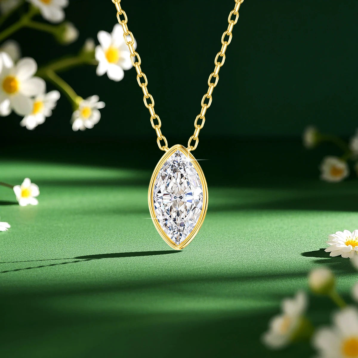 100% 14K Gold Marquise Cut Moissanite Pendant Necklace for Women Wedding Solitaire Choker Minimalist Luxury Collarbone Chain