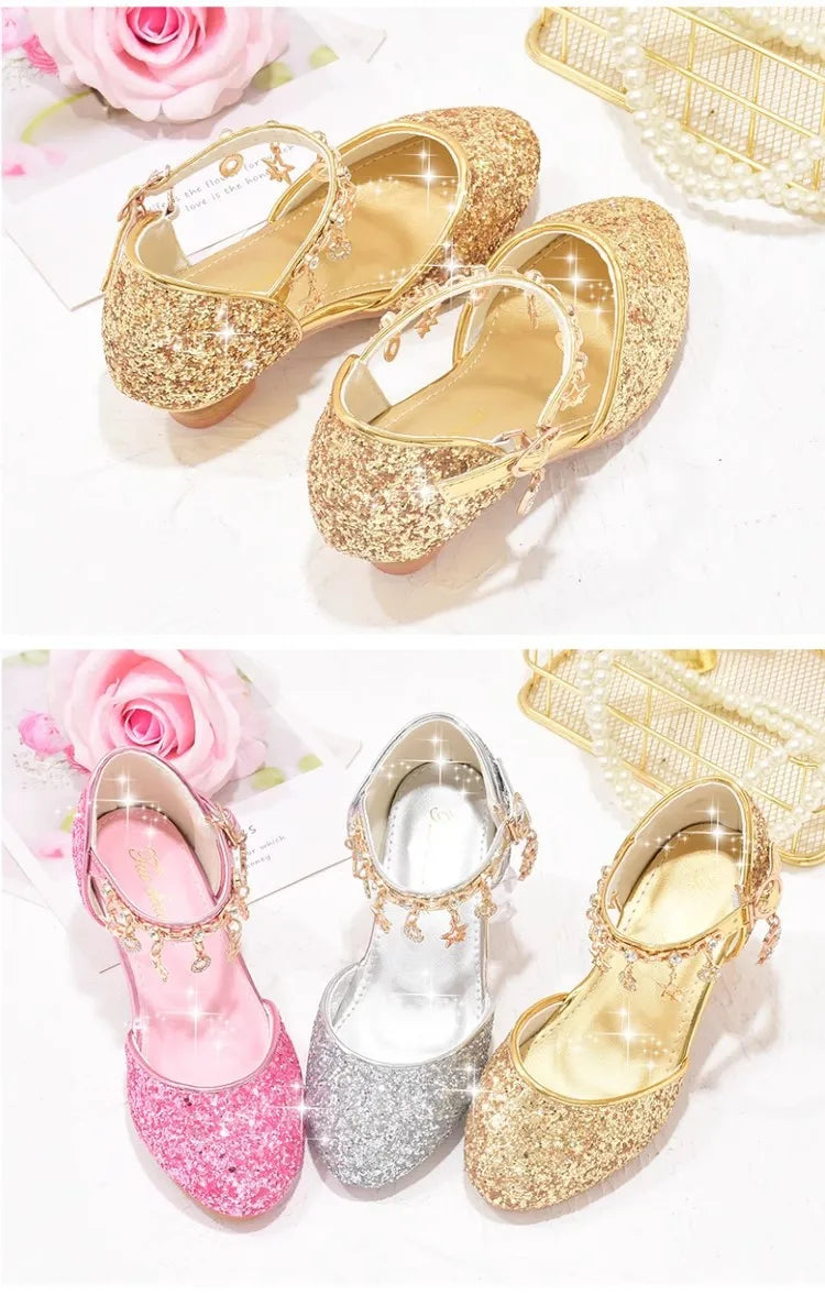 Heeled Dancing Shoes Due To Gold for Girls Glitter Shoes Heels Girls Princess Flowergirl Dresses Golden Girl Child Shoe for Wed