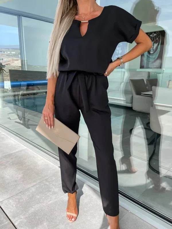 Jumpsuit Women 2023 Solid Color Short Sleeve V-neck Pocket Lace-up Pencil Long Pants Jumpsuits Summer Outfits Bodysuits - AIAZ
