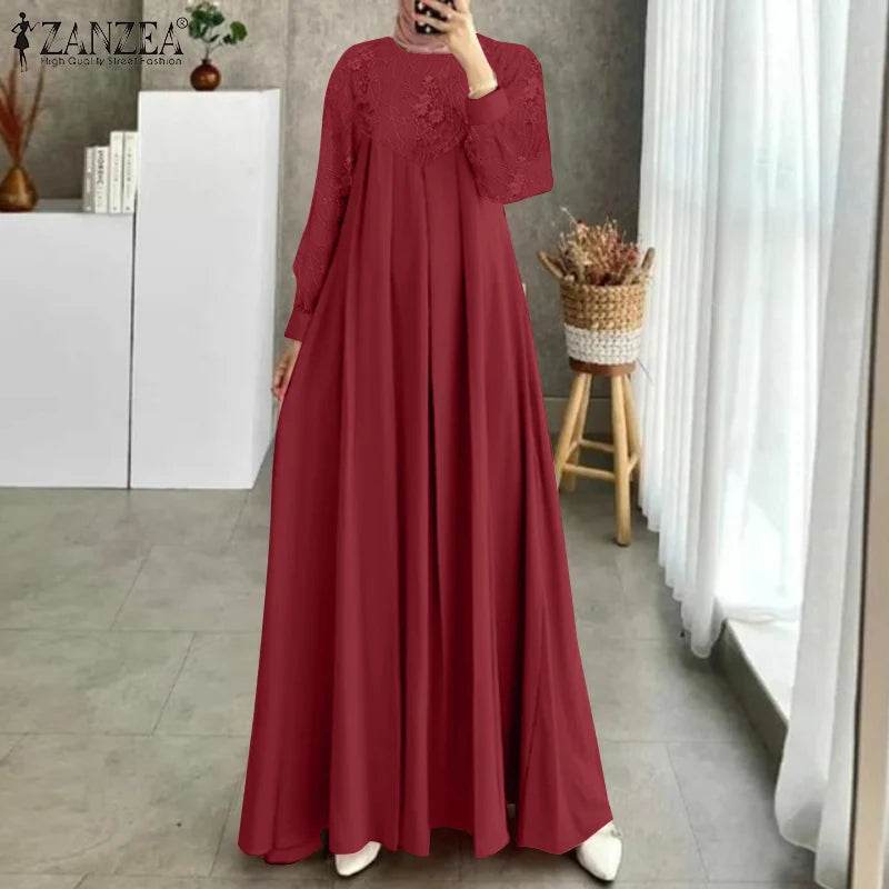 Autumn Muslim Fashion Long Dress ZANZEA Women Long Sleeve O Neck Vestidos Dubai Kaftan Maxi Sundress Robe Elegant Lace Abaya - AIAZ