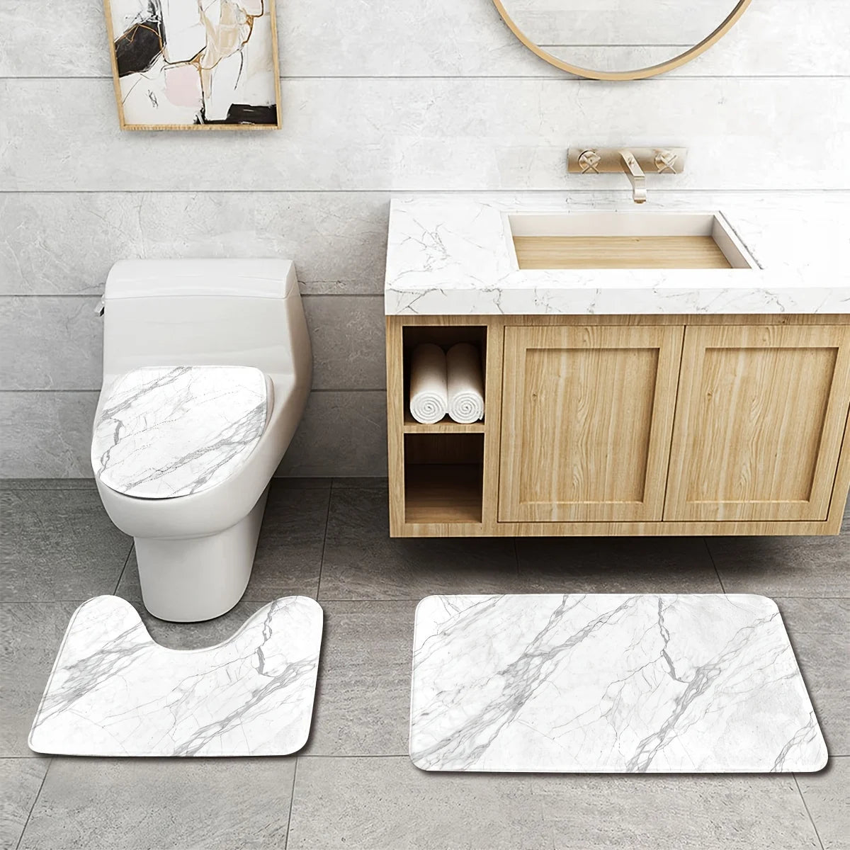 3PCS Marble Bath Mat Set  Non-Slip Machine Washable Includes Floor Mat & Toilet Cover Christmas Decor Polyester Bathroom Upgrade