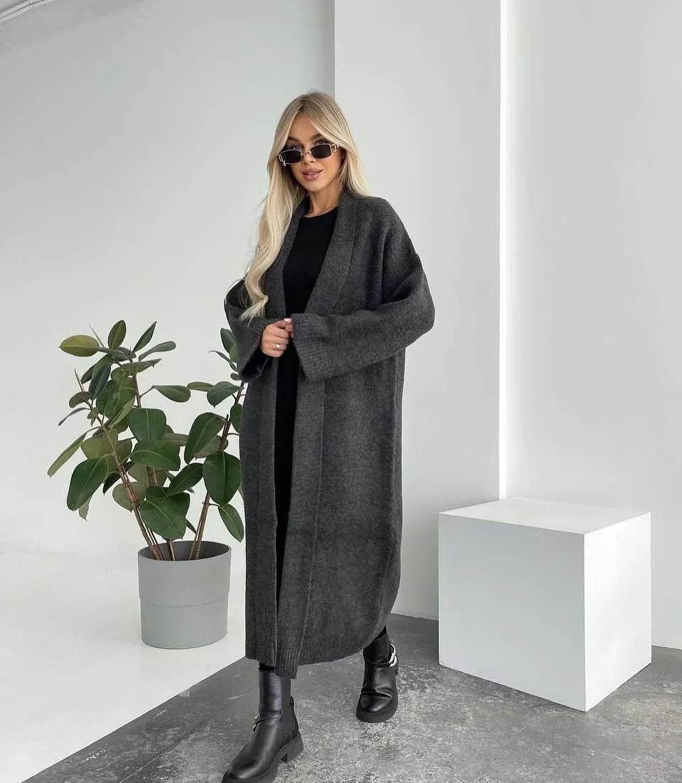 Women's Cardigan Wool Jacket Loose Retro Temperament Elegant Solid Color Collarless Knitted Long Sleeved Cardigan Jacket - AIAZ