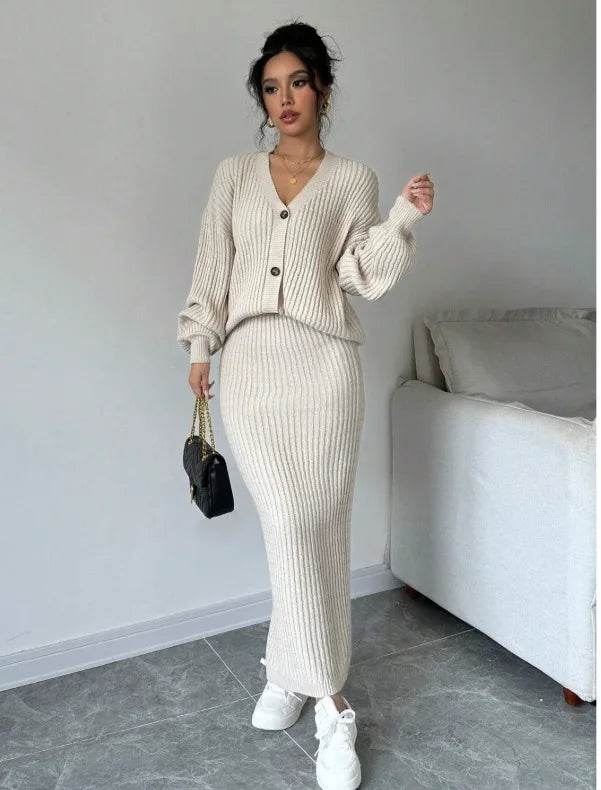 Women's Long Sleeved Jacket Sweater V-neck Cardigan Loose Two-piece Set Solid Color Knitted Hip Skirt Set - AIAZ