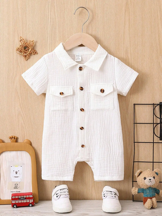 Summer Casual Comfort Soft Solid Color Simple Cotton Short Sleeve Romper Baby Girl Pocket Fashion Baby Boy Romper