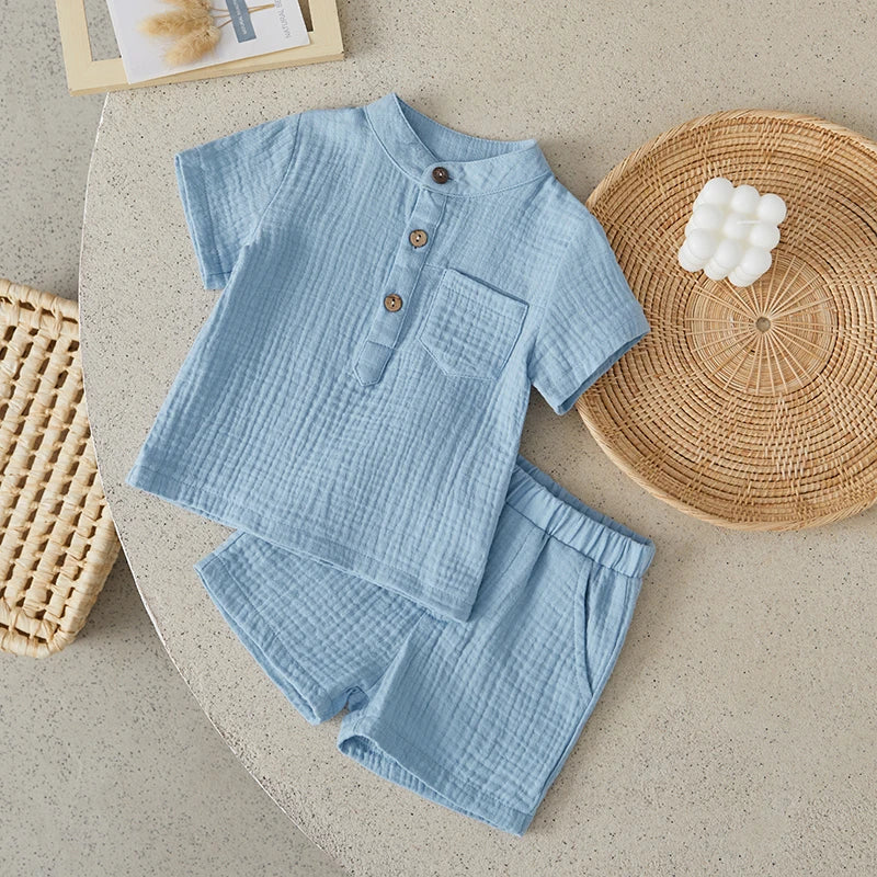 Suefunskry Toddler Boys Summer 2Pcs Casual Outfits Solid Color Short Sleeve Button Tops and Elastic Waist Shorts Sets 6M-4Y