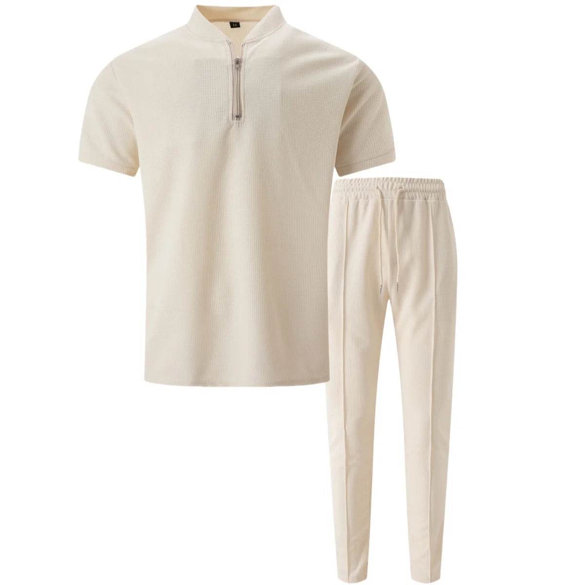 2025 Men's new summer suit Waffle collar solid color zipper short sleeve pants suit fashion casual loose sportswear - AIAZ