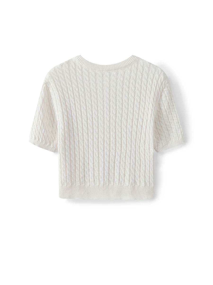 Women's Cable Knit Cardigan Solid Color Round Neck Short Sleeve Button-front Closure Crop Sweaters - AIAZ