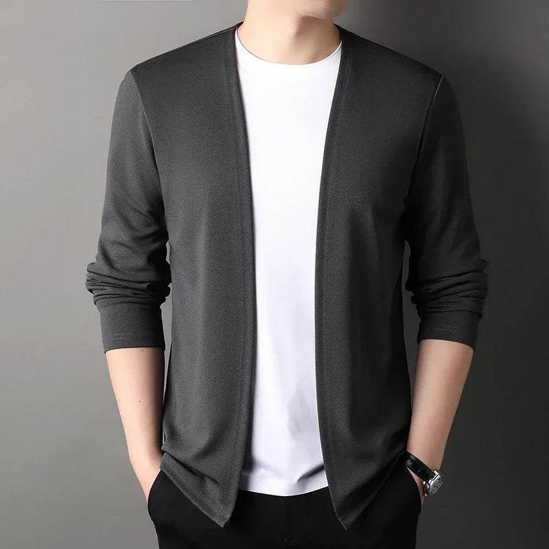 New Men's Casual Solid Color Long Sleeved Cardigan Cloak Spring and Autumn Fashionable Comfortable Top - AIAZ