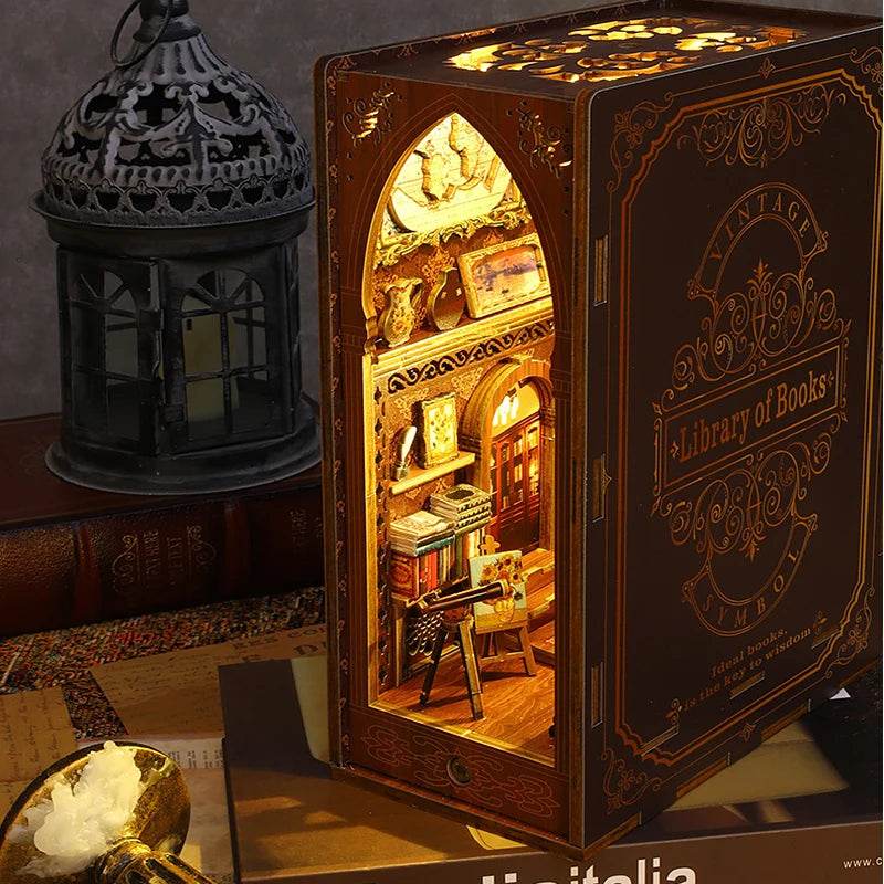 DIY Book Nook Kit Miniature Doll House With LED Light 3D Puzzle Model Building Wooden Bookshelf Bookend Toy Adults Birthday Gift - AIAZ
