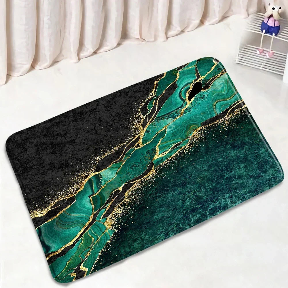 Abstract Marble Bath Mat Sets Modern Geometric Gold Lines Blue Texture Pattern Bathroom Decor Carpet Non-Slip Rugs Toilet Cover