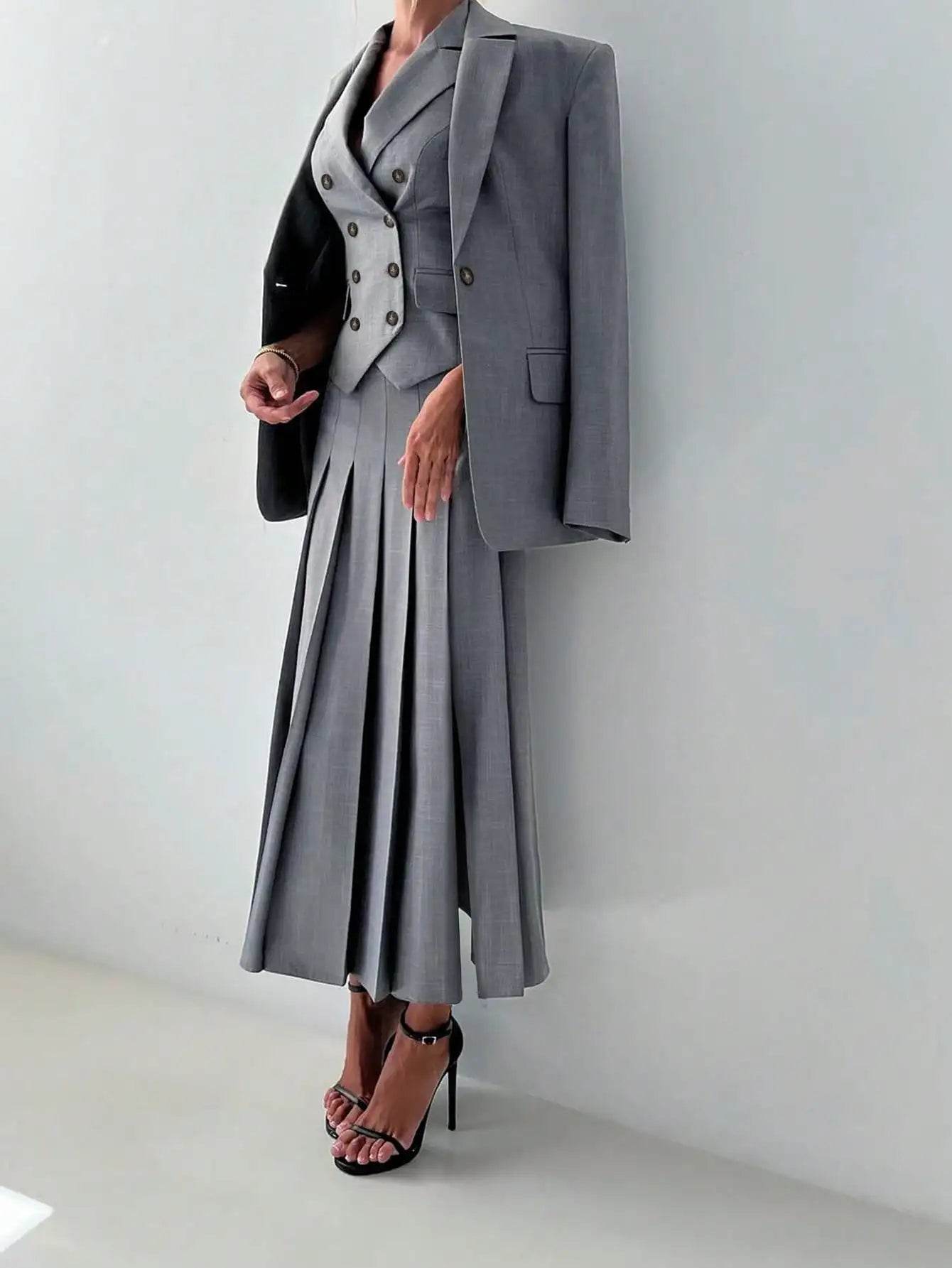 3pcs Women Elegant Work Casual Business Suit Set: Fitted Vest for Spring/Summer, Pleated Midi Skirt, Suitable for Office Lady - AIAZ