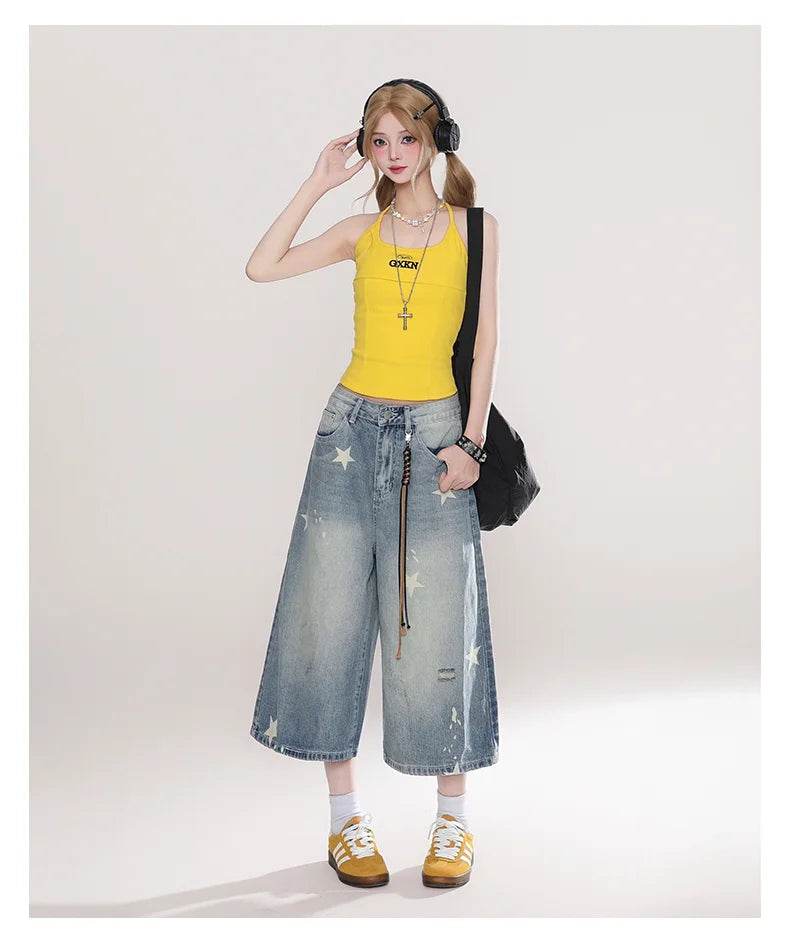 Street Y2K Vintage Washed Cat Whiskered Style embroidered Bermuda Jeans Knee Length Denim Jorts Casual Shorts Cropped Trousers - AIAZ