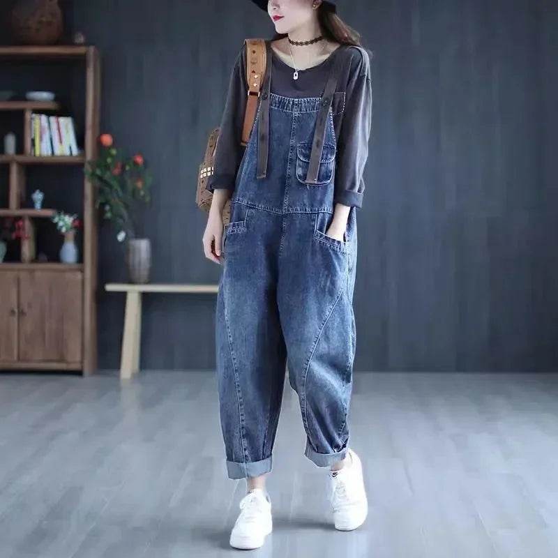 Jumpsuit Women Jeans Rompers New Retro Big Pocket Loose Denim Overalls Fashion Casual Wide-leg Pants Jumpsuits Cloth - AIAZ