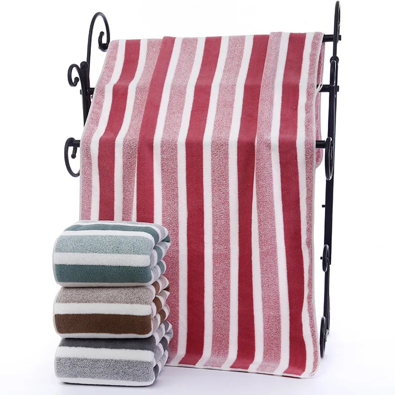 2PCS Thickened Absorbent Bath Towel Striped Pattern Towel Set Soft Face Towel for Home Bathroom Spa Quick Drying Microfiber