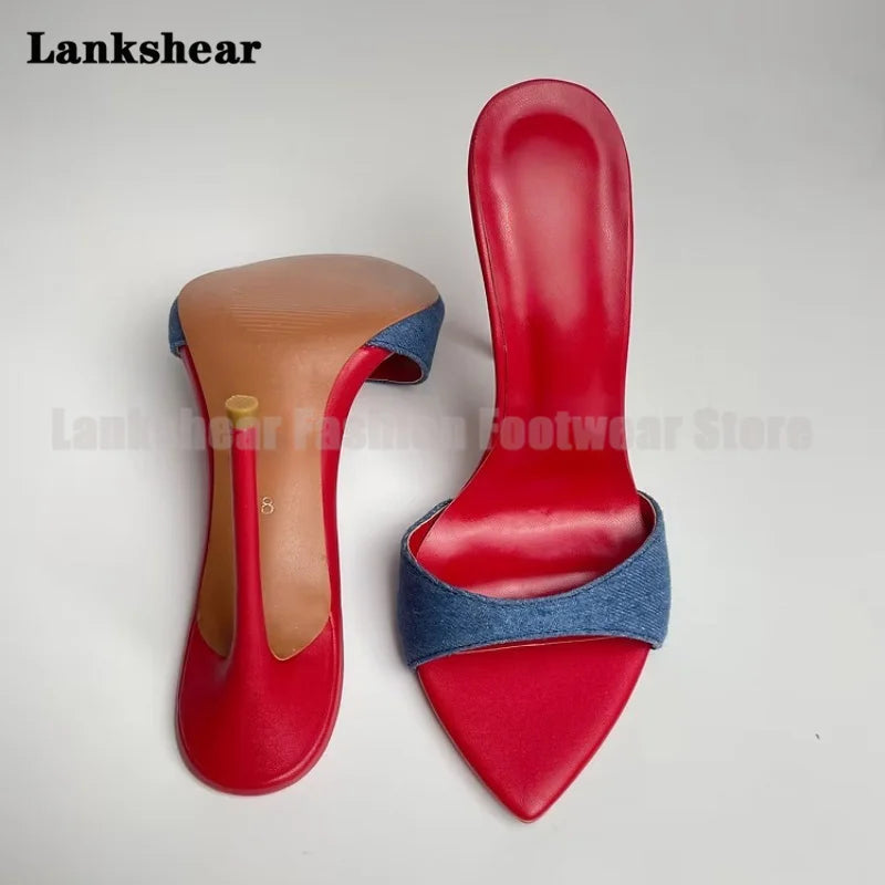 Demin Pointy Toe Stiletto Mules Slippers Sexy Patchwork Red Inside Sandals Elegant Women Shoes Summer Sandalias De Mujer Verano