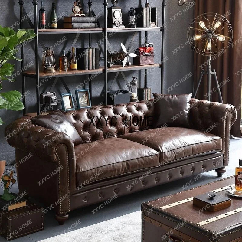 Imitation Oil Wax Leather Vintage Style Roll Arm Chesterfield Sofa Living Room Furniture de Salon