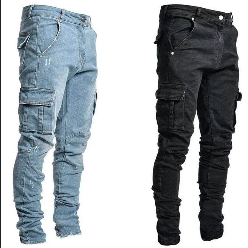 Men Street Elastic Denim Jeans Wash Solid Color Multi Pockets Cargo Pants Casual Slim Fit Daily Wear Joggers Mid Waist Trousers - AIAZ