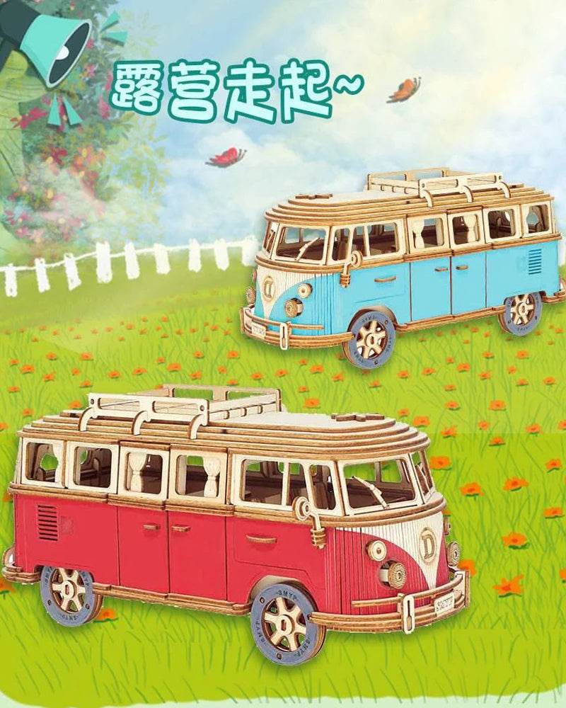Retro Bus European-style Campervan 3D Wooden Car Puzzle DIY Sailing Ship Airplane Building House Model Jigsaw Toys For Children - AIAZ