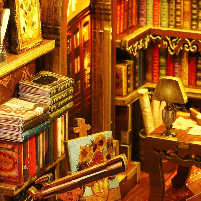 DIY Book Nook Shelf Insert Kit 3D Wooden Puzzle Doll House Assembly Building Model Bookends With Furniture LED Light Xmas Gifts - AIAZ