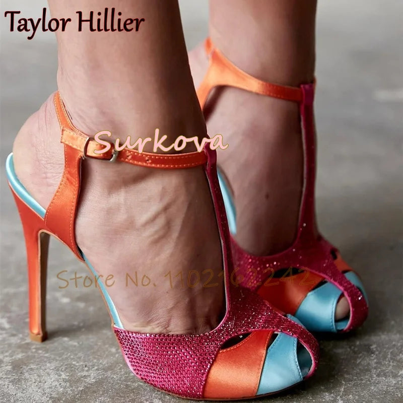 Rhinestone Mixed Colors T-Tied Mules Modern Sandals Round Toe Thin Heels Hollow Sandals Summer Comfortable Women'S Sandals 46
