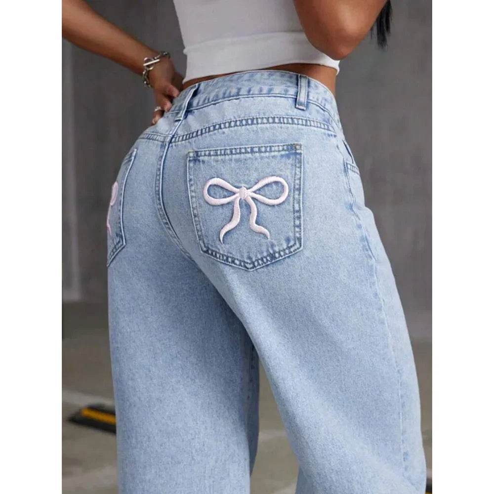 Denim Wide Leg Pants Women Jeans Embroidery High Waist Distressed Washed Mom Pockets Vintage Floor Length Trousers Streetwear - AIAZ