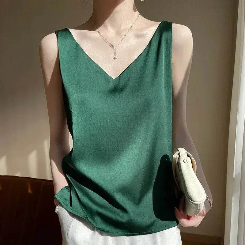 Woman T-shirts Elegant SILK Satin Blouse Sleeveless Female Summer 2025 Casual Loose Tanks and Camis Solid Green Tops for Women - AIAZ