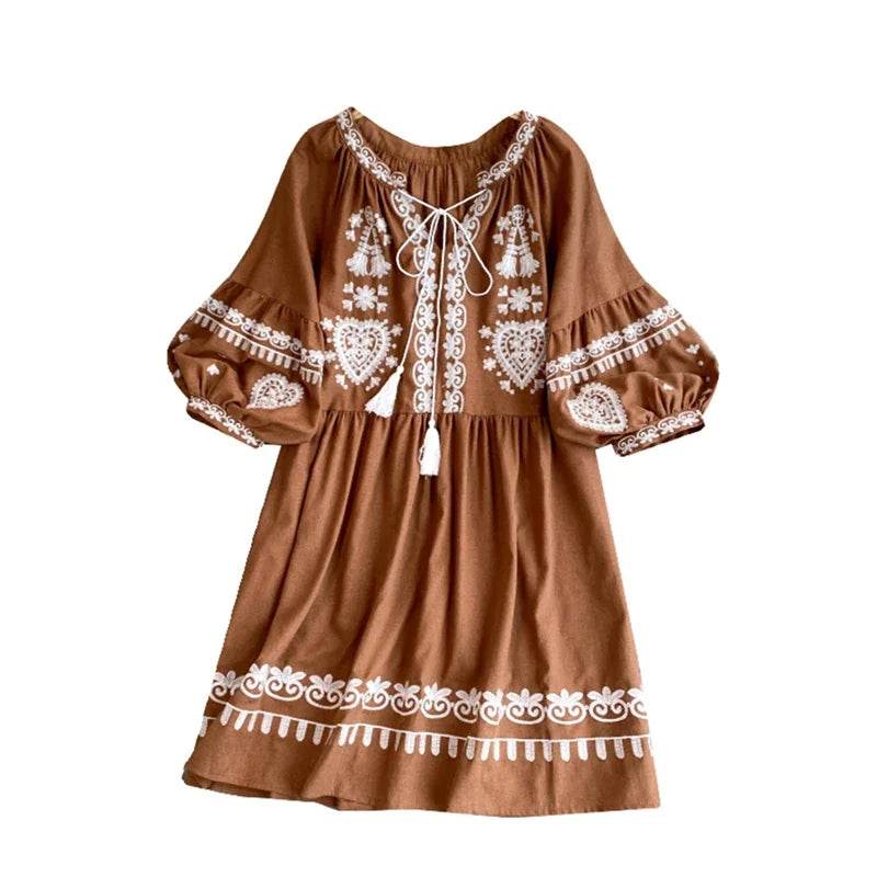 Women's Spring Summer Dress Bohemian Retro Ethnic Style Diamond Cotton Linen Blend Embroidered Lantern Sleeves Mini Dress A20 - AIAZ