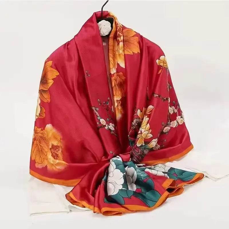 New Summer Women's Silk Scarf Sun Protection Satin Print Extra Long Beach Cover Up Decorative Mom's Shawl Fashionable Accessory - AIAZ