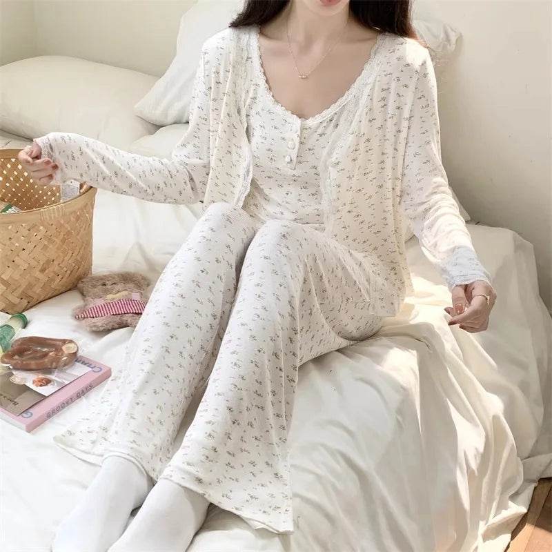 Three-Piece Pajama Set for Women Floral Lace Sweet Cardigan Camisole Homewear Long Sleeves Long Pants Fancy Underwear Ladies - AIAZ