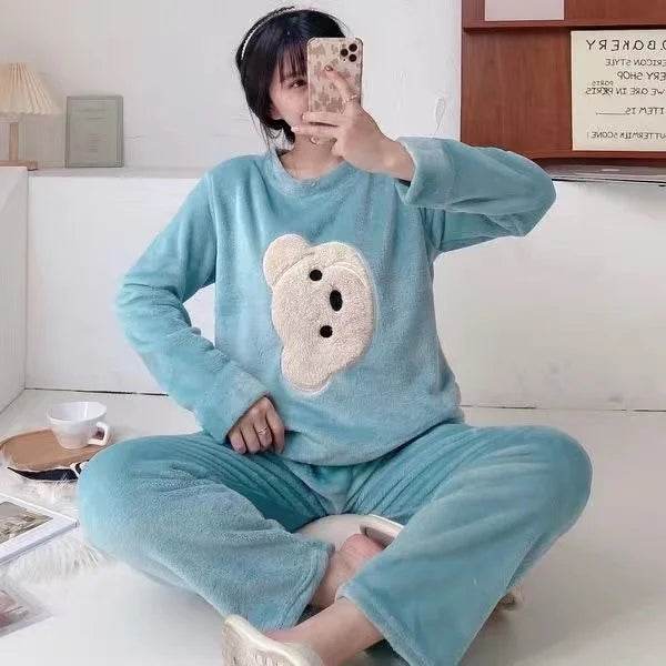 Women Pajamas Autumn Winter Flannel Warm Woman Sleepwear Korean cute Cartoon Pajama Set Fashion Pijama Mujer Home Cloth Pyjamas - AIAZ
