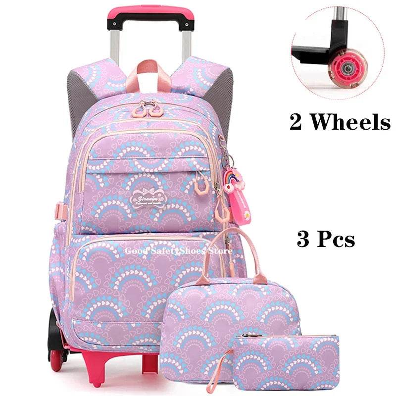 Rolling School Bags for Girls Backpack Children Waterproof School Backpacks with Wheels Middle School Trolley Luggage Back Pack - AIAZ