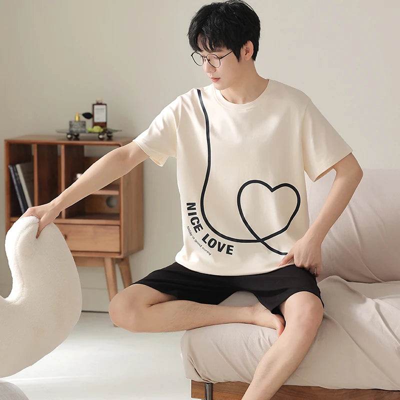 Summer Couple Pajama Sets 100%Cotton Men Short Sleeve Pyjamas Sexy Women Nightgown - AIAZ